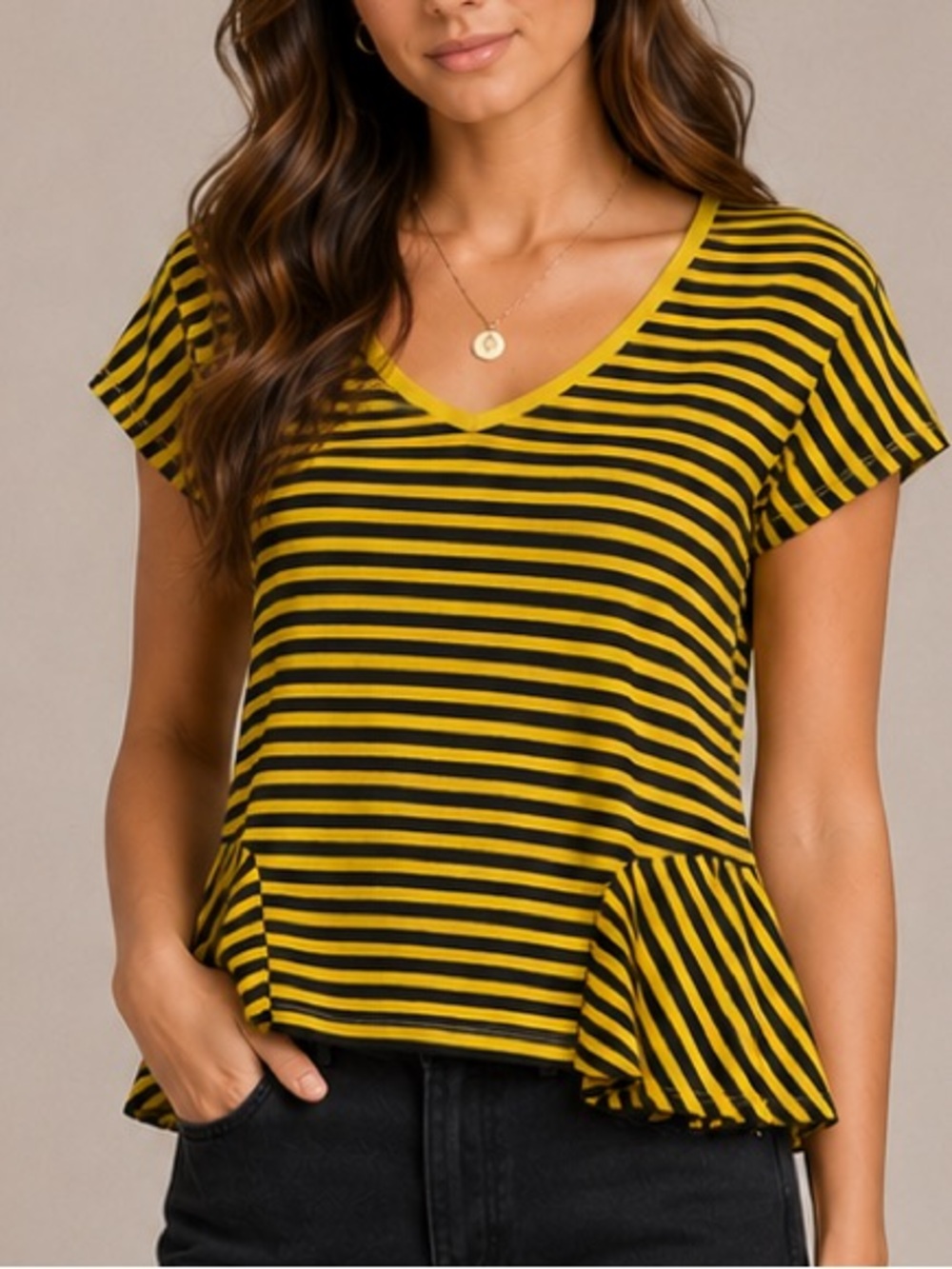 BP. Yellow and Black Striped Peplum V-Neck Top